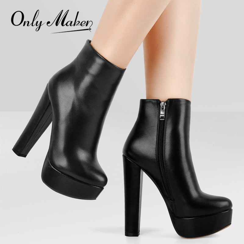Onlymaker Women Round Toe High Heel Platform Ankel Boots Block Chunky Heels Fashion Warm Autumn Winter Big Size Handmade Booties
