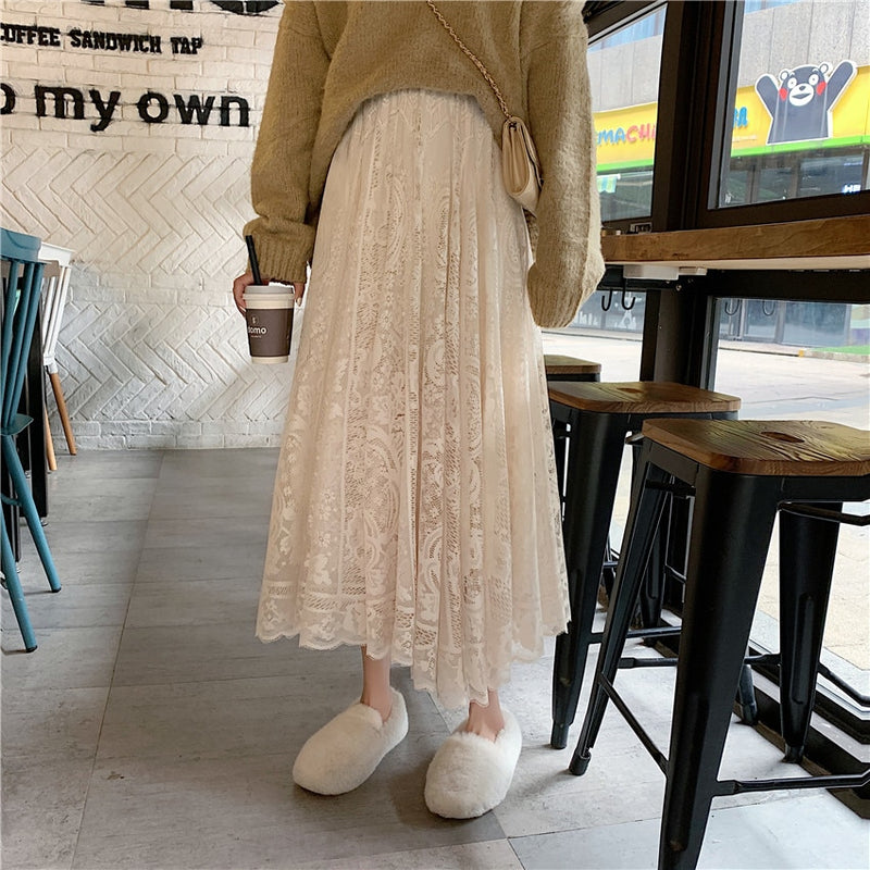 Faldas de encaje de cintura alta elástica Alien Kitty para mujer primavera otoño 2021 nuevo coreano elegante Casual A-line falda larga negra femenina
