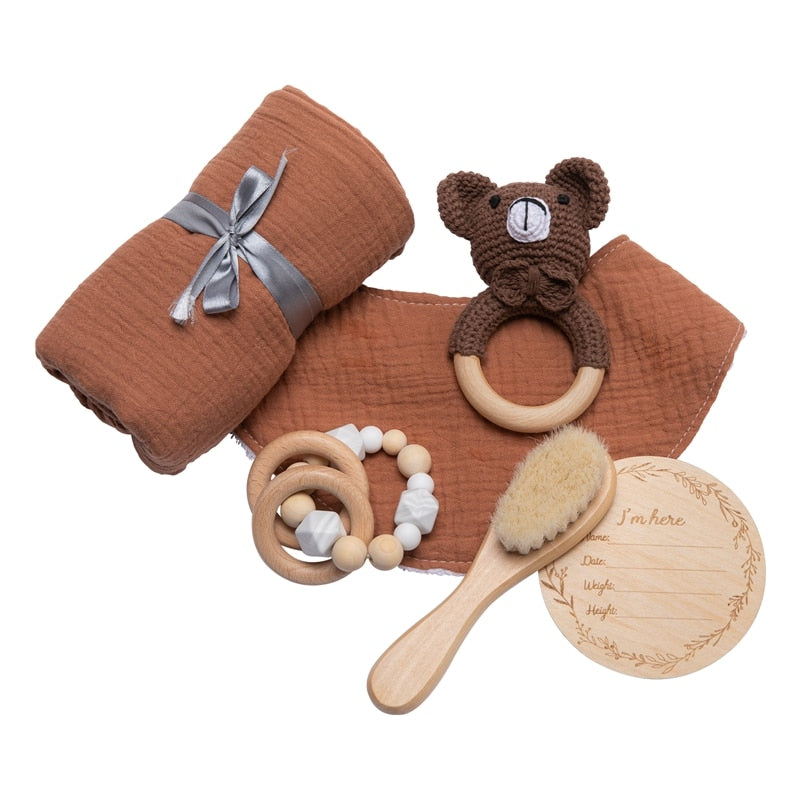 1Set Baby Bath Toy Set  Baby Bath Towel Wooden Rattle Bracelet Crochet Rattles Toys Infant Bath Products Newborn Bed Bell