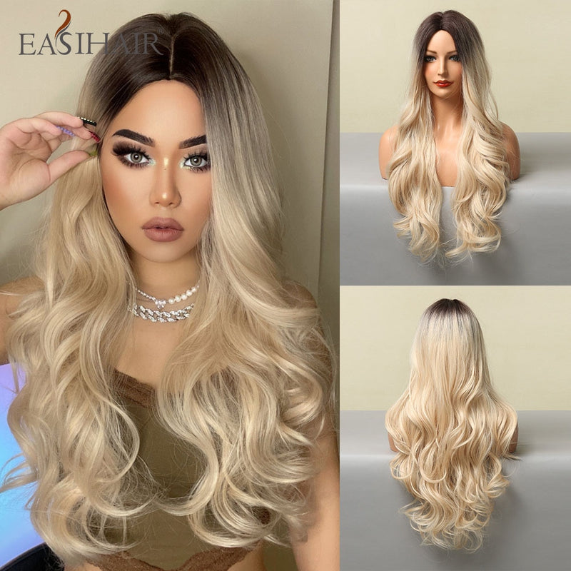 EASIHAIR Lange gewellte braune synthetische Perücken mit blonden Strähnchen Cosplay Naturhaarperücken Hochtemperaturfaser für schwarze Frauen