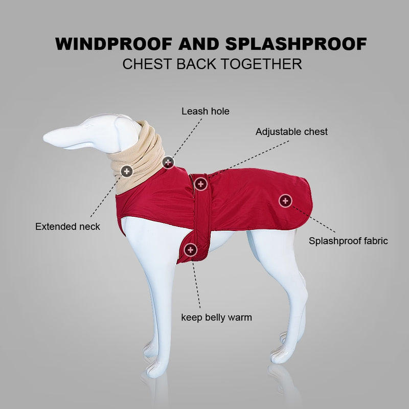 Winter Warm Dog Clothes Waterproof Thick Dog Jacket Clothing Red Black Dog Coat with Leash Hole for Medium Large Dogs Greyhound