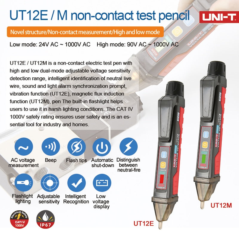 UNI-T  Socket Wall AC Voltage Detector Indicator 24V-1000V Non Contact Volt Current Electric Sensor Test Pen UT12E UT12M