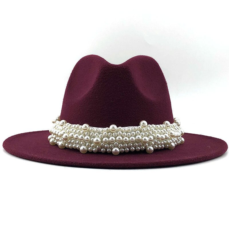 Sombreros de fieltro de lana Jazz para hombre y mujer, sombrero de fieltro con cinta de perlas de cuero, blanco, rosa, amarillo, sombrero de fiesta Formal Trilby de Panamá, 58-61CM