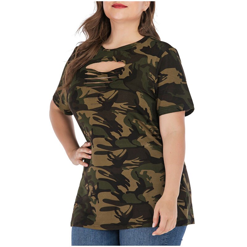 Plus Size Ripped Hollow Out Camouflage Printing Tees 3XL 4XL Women Summer Streetwear Lace Up Short Sleeve T-Shirts Tops