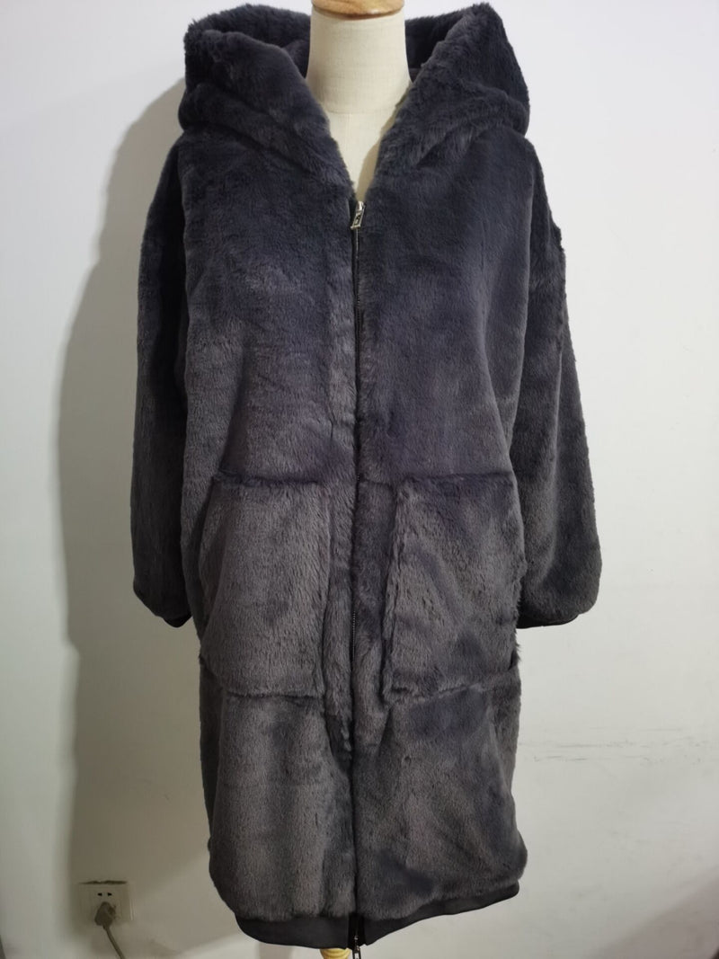 Winter Warm mit Kapuze Langer einfarbiger Kunstpelzmantel Lässige Langarm Damen Pelzjacke Lose Oberbekleidung