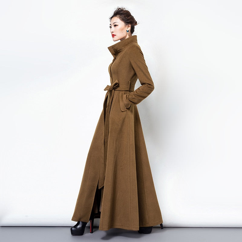 S-3XL Women Long Wool Coat Autumn Winter New Fashion Thick Warm Turtleneck Adjustable Waist Sashes Woolen Tops Outerwear Female