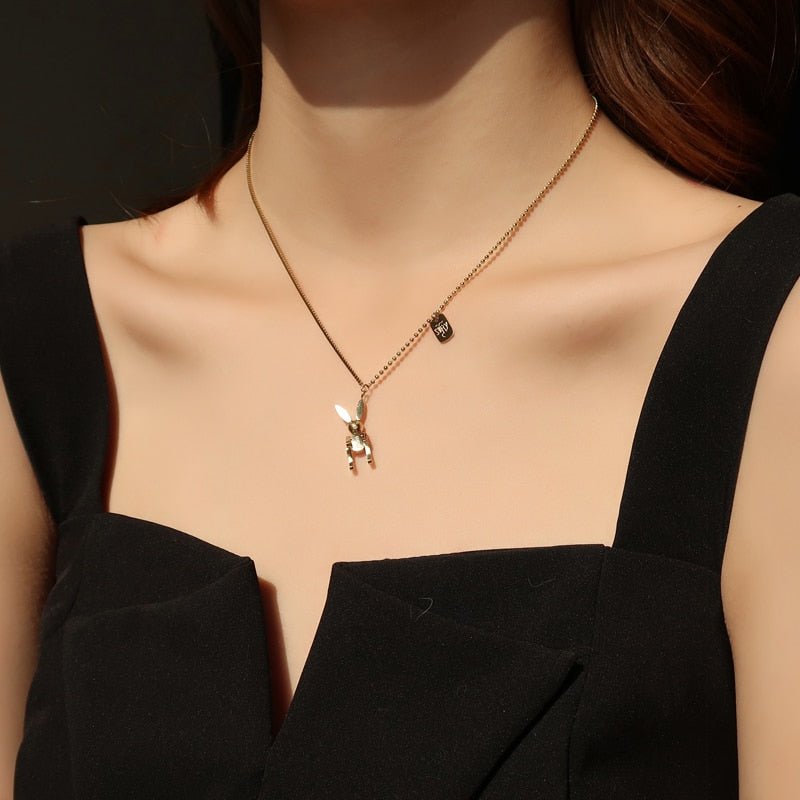 YUN RUO Lucky Mobile Rabbit Pendant Necklace Yellow Gold Color 316 L Titanium Steel Jewelry Woman Gift Never Fade Hypoallergenic