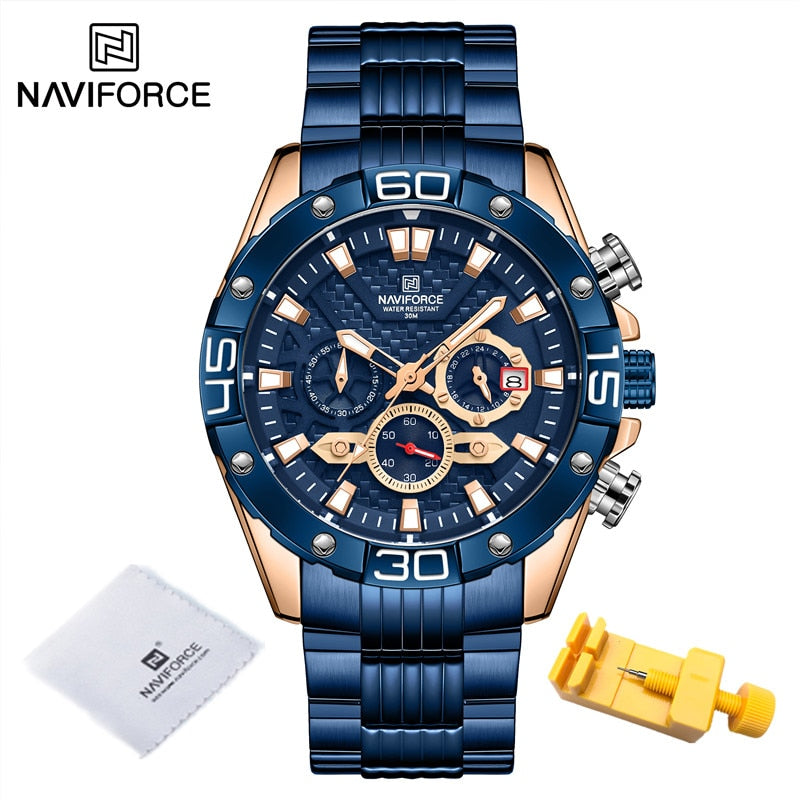 NAVIFORCE Modeuhren für Herren Luxus Original Classic Quarzuhr Analog Chronograph Sport Wasserdicht Stahlband Armbanduhr