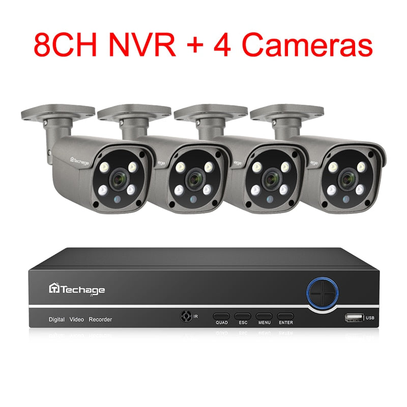 Techage Überwachungskamerasystem 8CH 5MP HD POE NVR Kit CCTV Zwei-Wege-Audio-AI-Gesichtserkennung Outdoor-Videoüberwachung IP-Kamera-Set
