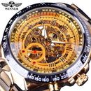 Forsining Waterproof Golden Black Skeleton Clock Two Button Decoration Mechanical Wrist Watches for Men Black Genuine Leather