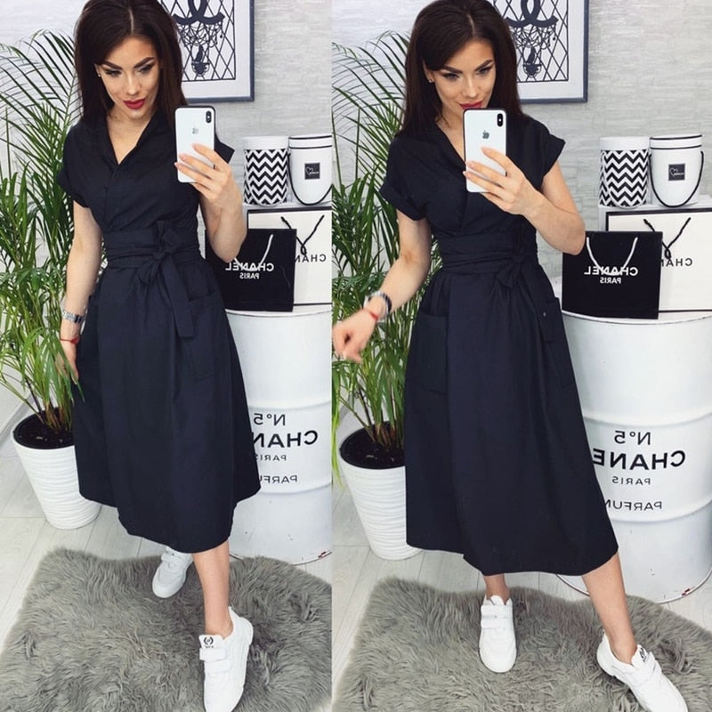 Office Lady Women Casual Sashes A-Line Dress Ladies Short Sleeve V-Neck Summer Dress 2022 Fashion Midi Party Dress Vestidos