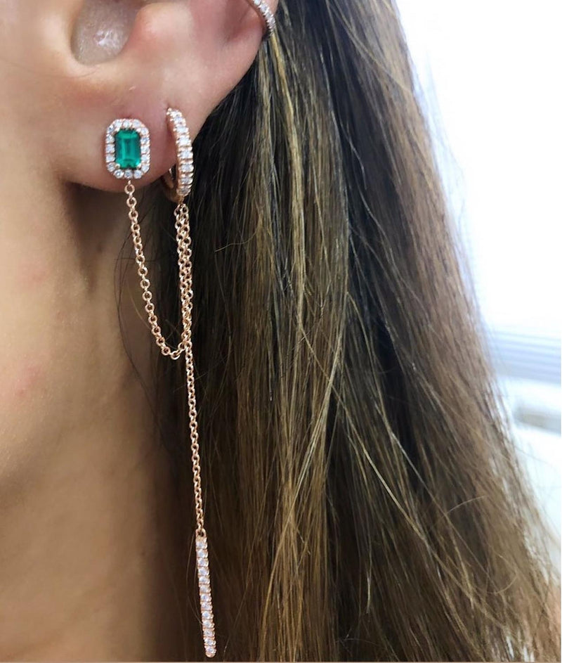 double piercing silver color rose gold clear green rectangle cubic zirconia long chain tassel earring 2020 new