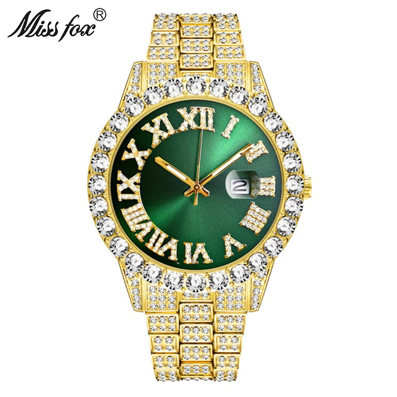 MISSFOX Herrenuhr 2020 Meistverkaufte Luxusmarke Blaues Zifferblatt Gold Herrenmode Uhren Herren Big Diamond Armband Luxusuhr Herren