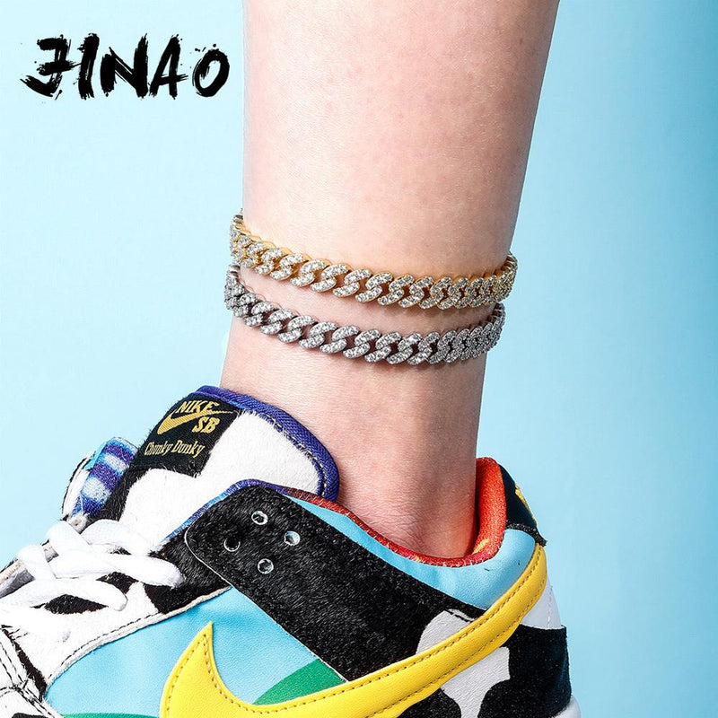 JINAO New 9&quot; 10&quot; Gold/Silver Color Anklet 9mm Charm Cuban Chain Anklet Iced Out Cubic Zirconia Anklet Gift Fashion Jewelry Gift