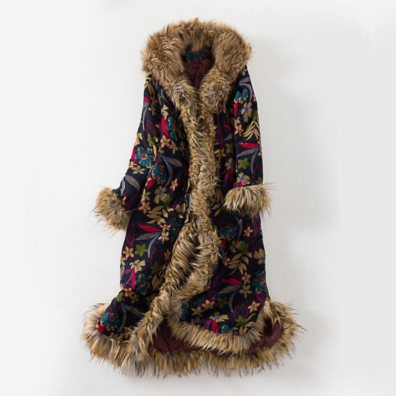 Abrigo de invierno de estilo étnico con cuello de piel, abrigo largo antipolvo, cortavientos, algodón, lino, ropa acolchada de algodón Vintage, chaqueta femenina f1859