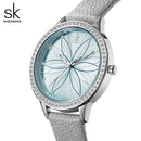 Relojes Shengke para Mujer, relojes de cuero con superficie de flores lineales, caja de cristal, movimiento de cuarzo japonés, Reloj para Mujer, Montres Femmes