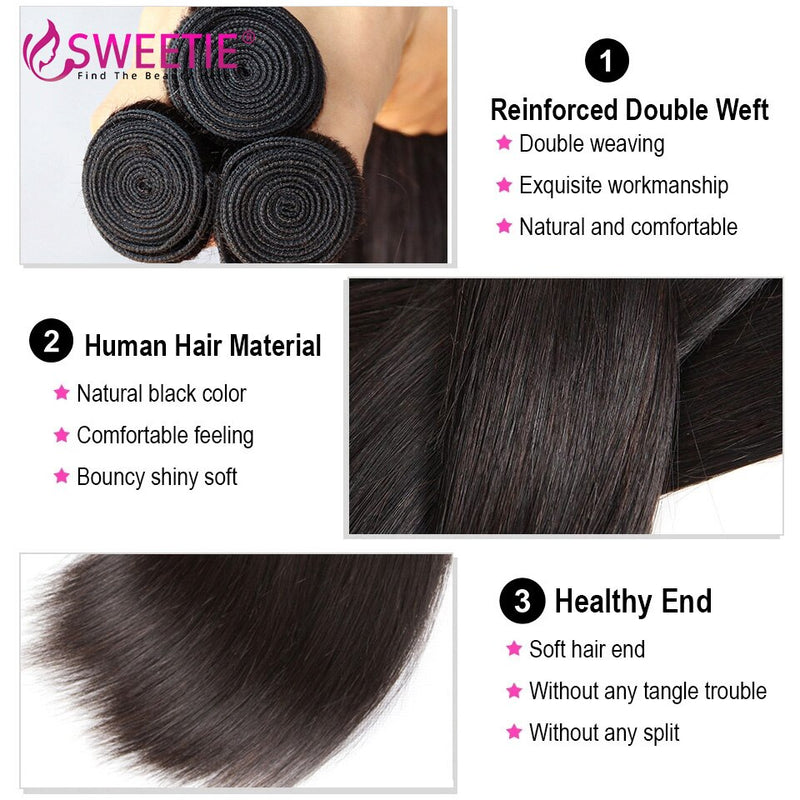 Sweetie Straight Hair Bundles mit frontalen brasilianischen natürlichen Echthaar-Webart-Bundles mit Verschluss 9A Remy-Haarverlängerung