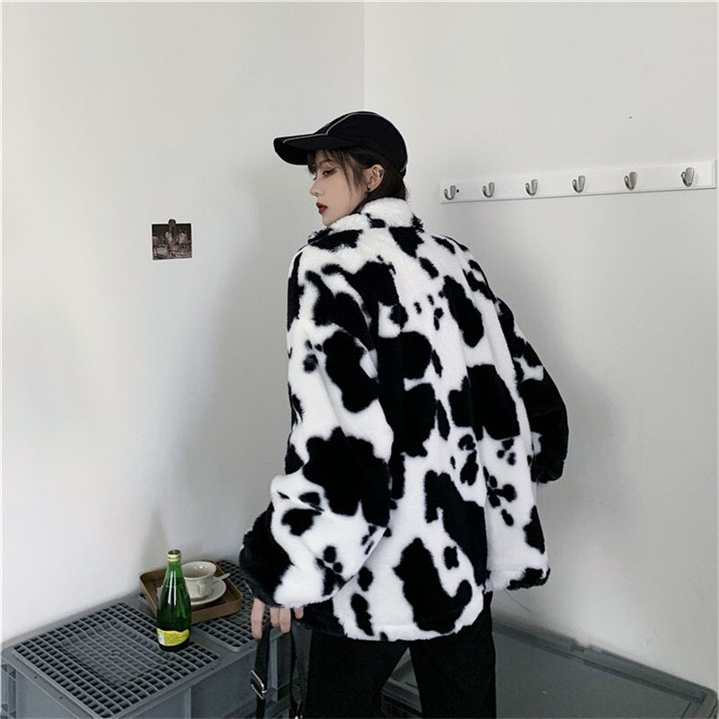 Korean Winter New Fashion Coat Harajuku Cows Printing Loose Full Sleeve Leather Jacket Vintage Flannel Keep Warm Cotton Clothes