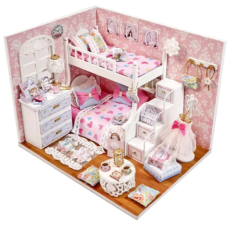 Cutebee DIYHouse Miniature with Furniture LED Music Dust Cover Model Building Blocks Toys for Children Casa De Boneca