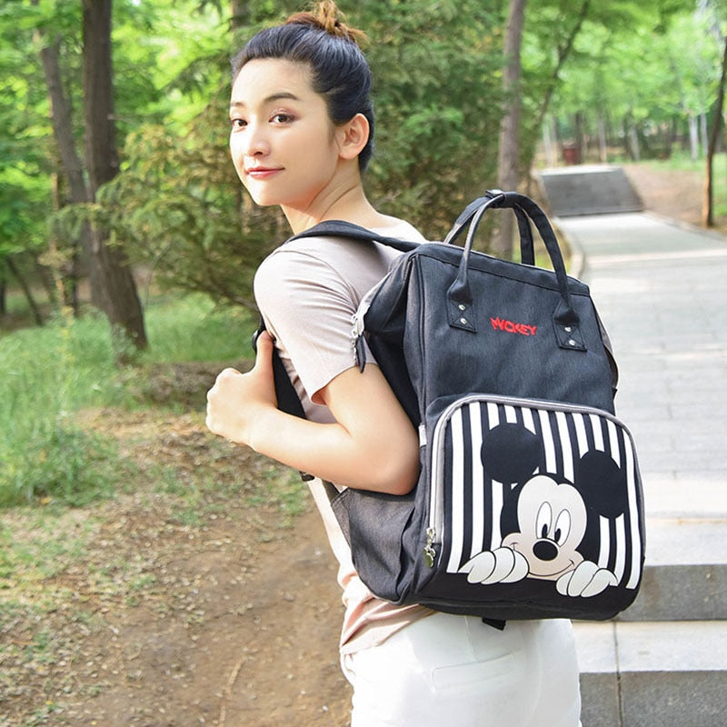 Mochila clásica de Disney para pañales de bebé de la serie Mickey Minnine con bolsa de momia USB para viajes, bolsas de pañales de maternidad de gran capacidad