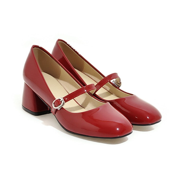 Zapatos de tacón alto Meotina, zapatos Mary Janes para mujer, zapatos de tacón medio de charol, zapatos de tacón cuadrado con hebilla para mujer, zapatos rojos de talla grande 33-43