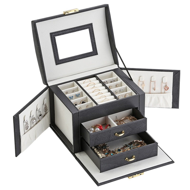 Casegrace, cajón grande, cajas de joyería, caja de joyería de cuero PU, organizador de terciopelo, pendiente, anillo, collar, caja de almacenamiento de joyas, ataúd