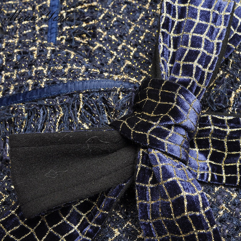 MoaaYina Fashion Designer Woolen cloth Windbreaker Overcoat Autumn Women Single-breasted Tassel Long sleeve Plaid Overcoat