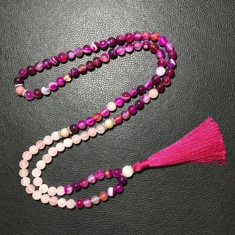 8mm Rhodochrosite Rose Quartz Agate Beaded 108 Japamala Necklace Meditation Yoga Healing Tibetan Jewelry Bracelet Tassel Sets