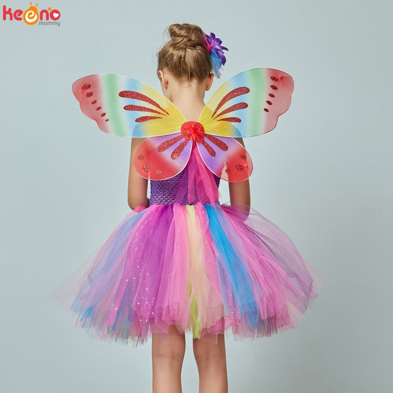 Girls Butterfly Fairy Fancy Tutu Dress Wings Costume Kids Princess Birthday Party Halloween Cosplay Kids Spring Tulle Dress