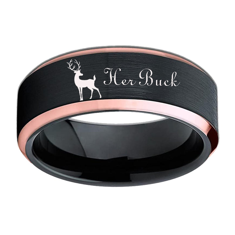 Deer Family Tungsten Ring Elk Design Her Buck His Doe Wedding Band Ring Black With Rose Golden Custom Engraved Personalized