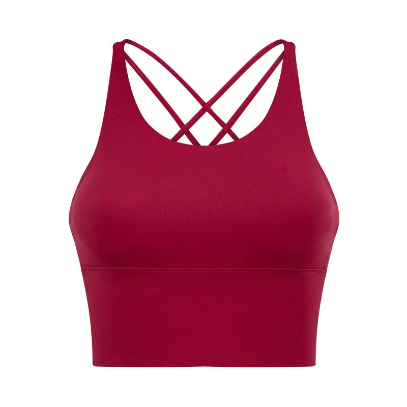 Solid Spaghetti Straps Cross Back Yoga Gym Crop Top Women Running Sport Bra Padded Activewear Exercise Fitness Cropped Tank Tops