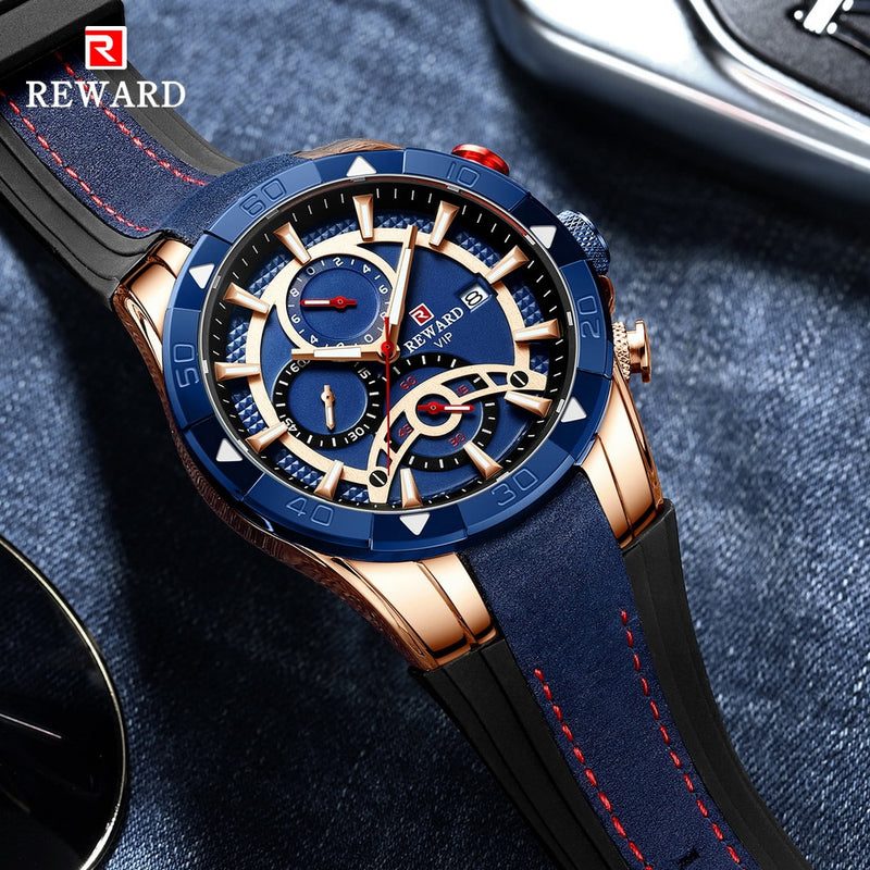 BELOHNUNG Mode Blau Männer Uhren Chronograph Top Marke Wasserdichte Quarzuhr Männer 2022 Neue Große Zifferblatt Sport Armbanduhr