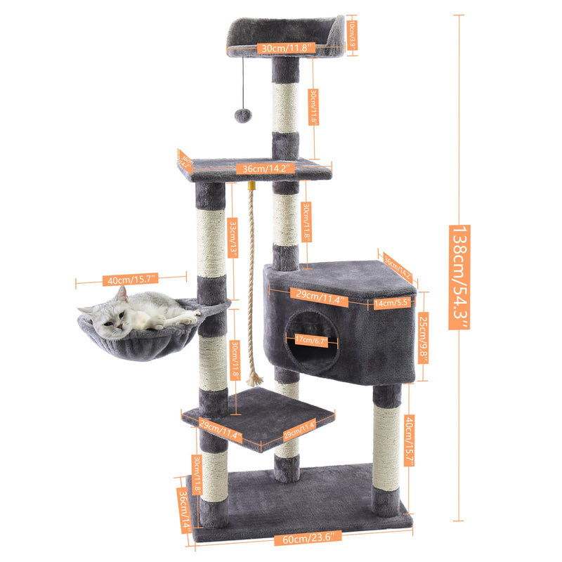 Torre de actividades para gatos moderna con árbol para gatos de varios niveles de pulgadas con postes para rascar sisal hamaca y juguete para gatos con percha superior extragrande