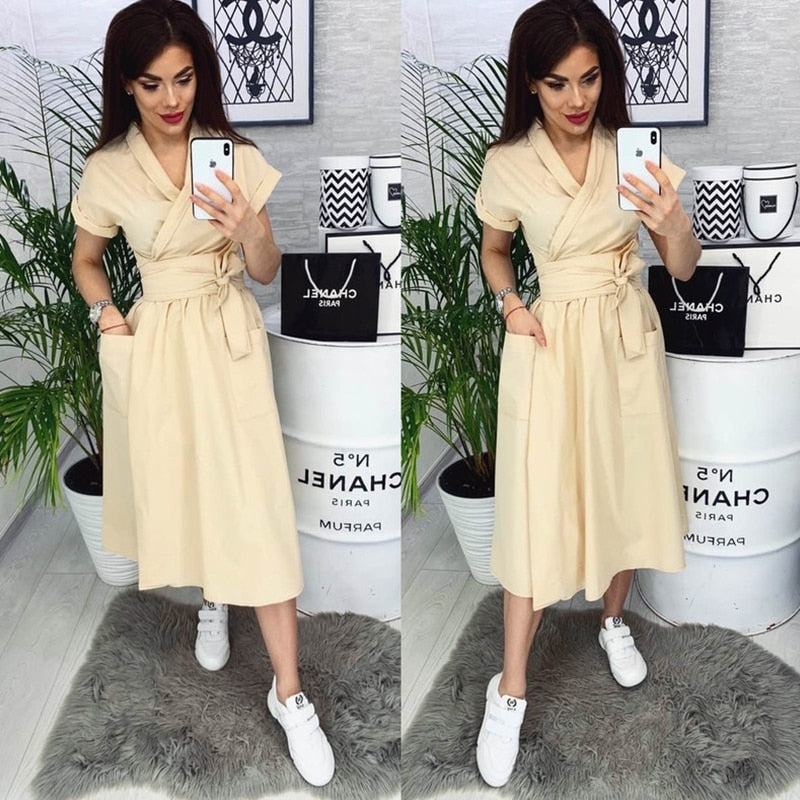 Office Lady Women Casual Sashes A-Line Dress Ladies Short Sleeve V-Neck Summer Dress 2022 Fashion Midi Party Dress Vestidos