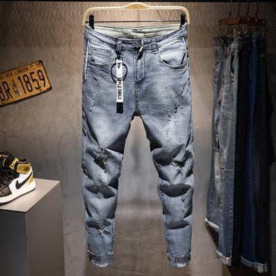 Men New Ripped Casual Skinny jeans Trousers Fashion Brand man streetwear Letter printed distressed Hole gray Denim pants