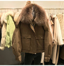 Janveny, chaqueta de plumón de piel auténtica de zorro para mujer, abrigo de plumón de pato blanco 90% holgado corto 2021, prendas de vestir de nieve acolchadas con bolsillos grandes para mujer