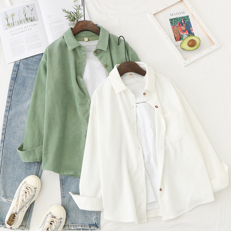Spring Shirts Women Corduroy Blouses Loose Long Sleeve Solid Lady Tops Casual Outwear Female Clothes Autumn Jacket