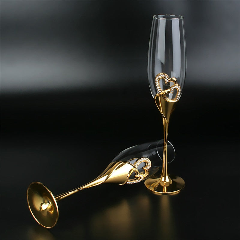 2Pcs/Set Wedding Crystal Champagne Glasses Gold Metal Stand Flutes Wine Glasses Goblet Party Lovers Valentine&
