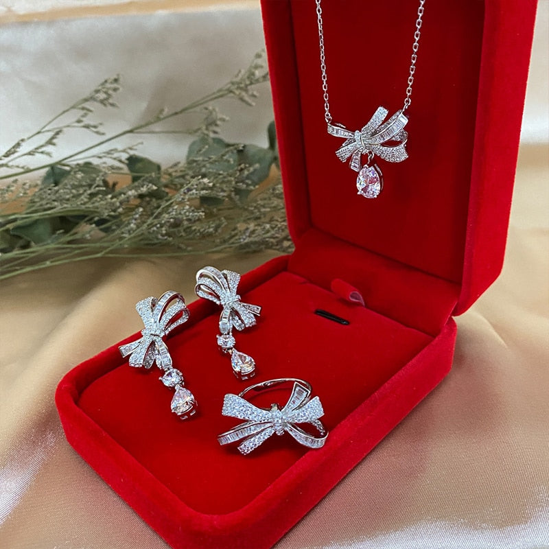 OEVAS 100% 925 Sterling Silver Sparking High Carbon Diamond Bow-knot Fine Jewelry Set Wedding Bridal Earrings Rings Necklaces