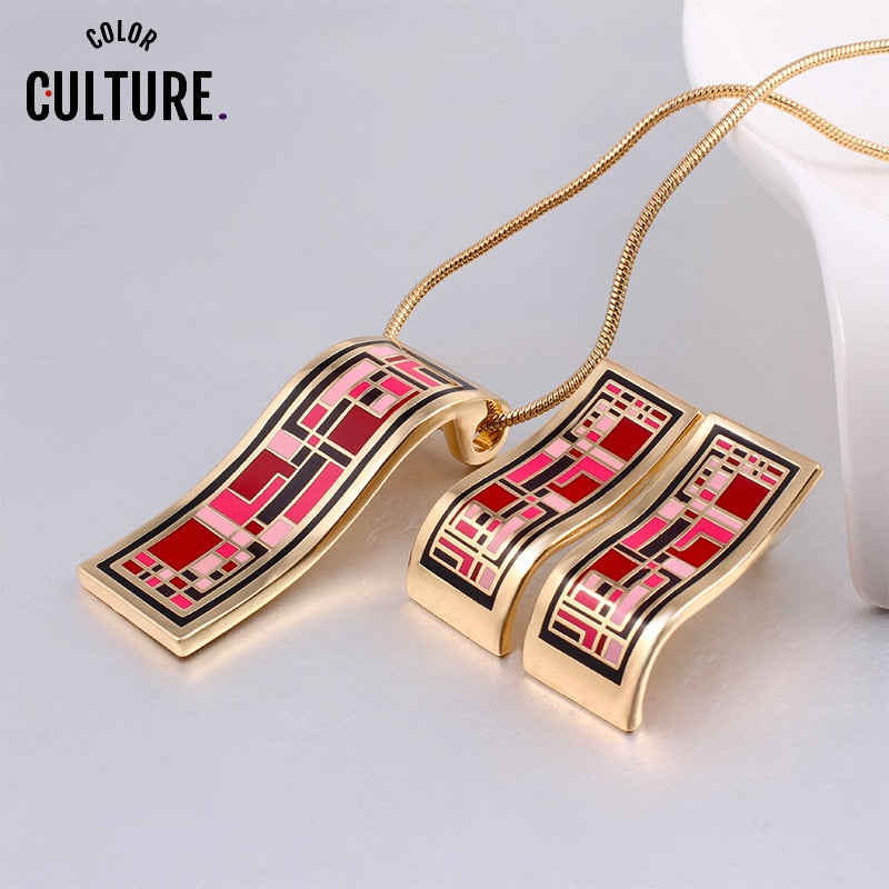 Conjuntos de joyería de oro de Dubái para mujer, conjunto de collar de esmalte clásico elegante rojo (collar, pendiente)