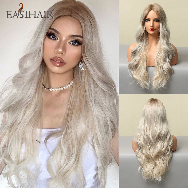 Pelucas EASIHAIR de color marrón claro con ondas de cuerpo largo y reflejos rubios, pelucas de pelo sintético resistentes al calor para Cosplay de parte media para mujeres