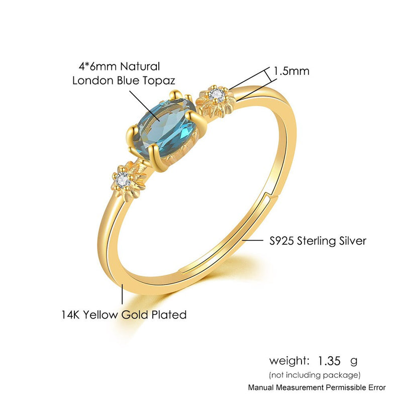 LAMOON Vingtate London Blue Topas Ring für Frauen Sterne Naturedelstein Ringe 925 Sterling Silber 14 Karat vergoldet Geschenk LMRI066