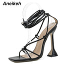 Aneikeh, zapatos de verano para mujer, sandalias básicas de Pu a la moda, tacones de punta cruzados, zapatos de tacón con cordones para fiesta, talla 35-42, negro, blanco, albaricoque