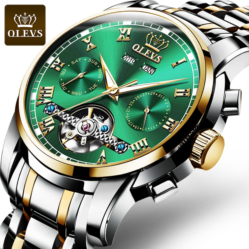 OLEVS Automatic Mechanical Men Watches Stainless Steel Waterproof Date Week Green Fashion Classic Wrist Watches Reloj Hombre