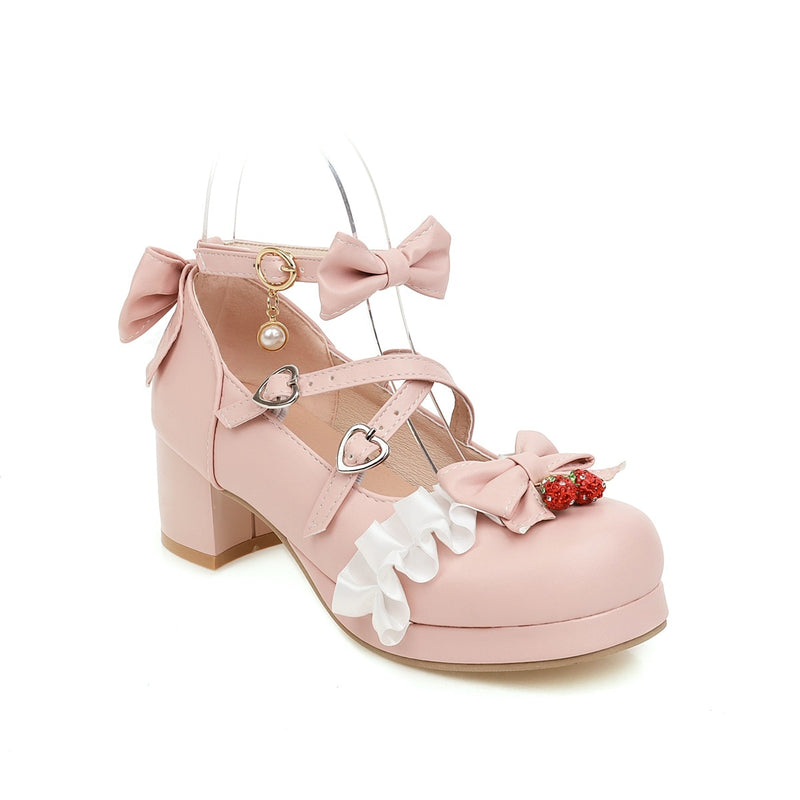 Zapatos japoneses de Lolita Mary Janes, zapatos de princesa rosa con correa en el tobillo, pajarita, volantes de fresa, zapatos de tacón para uniforme de Cosplay de boda de talla grande 48