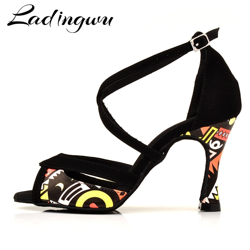 Zapatos de baile latino Ladingwu para mujer, zapatos de baile de Salsa con estampado africano de franela negra y naranja, sandalias de baile de salón para mujer