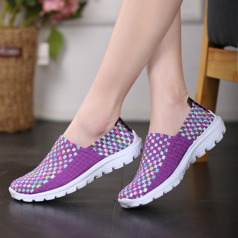 STRONGSHEN Women Shoes Summer Flats Breathe Female Sneaker Woven Walking Shoes Slip On Ladies Loafers Handmade Shoes Size 35-41