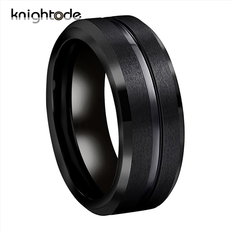 8mm/6mm Black Tungsten Carbide Rings For Trendy Party Men Women Wedding Band Grooved Center Beveled Edges Matte Comfort Fit