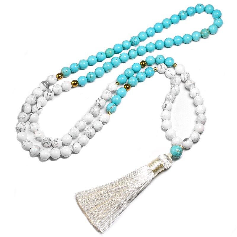 8mm Natural White Howlite Stone Beads and Blue Turquoise Bracelet For Women Men Necklace Sets Meditation 108 Mala Beads Jewelry