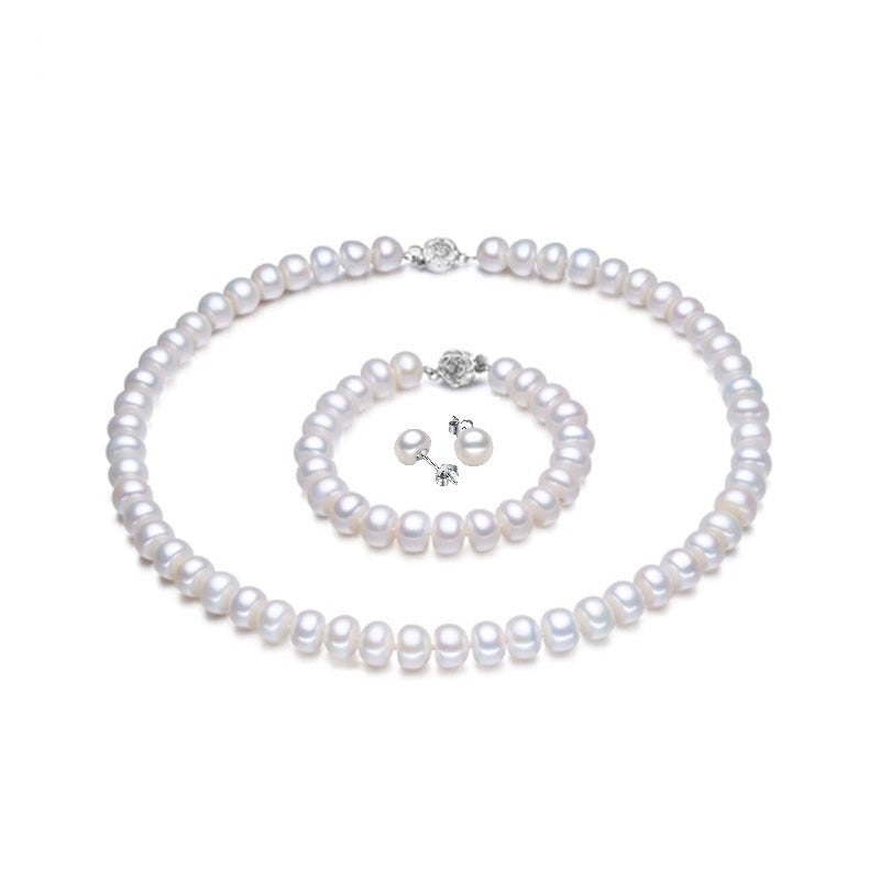 Conjuntos de joyería de perlas clásicas, joyería de perlas de agua dulce naturales genuinas, pendientes de plata de ley 925, collar de pulsera para mujer
